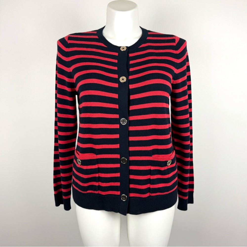 J. Jill Wearever Collection Striped Red and Navy Blue Button Up Sweater M